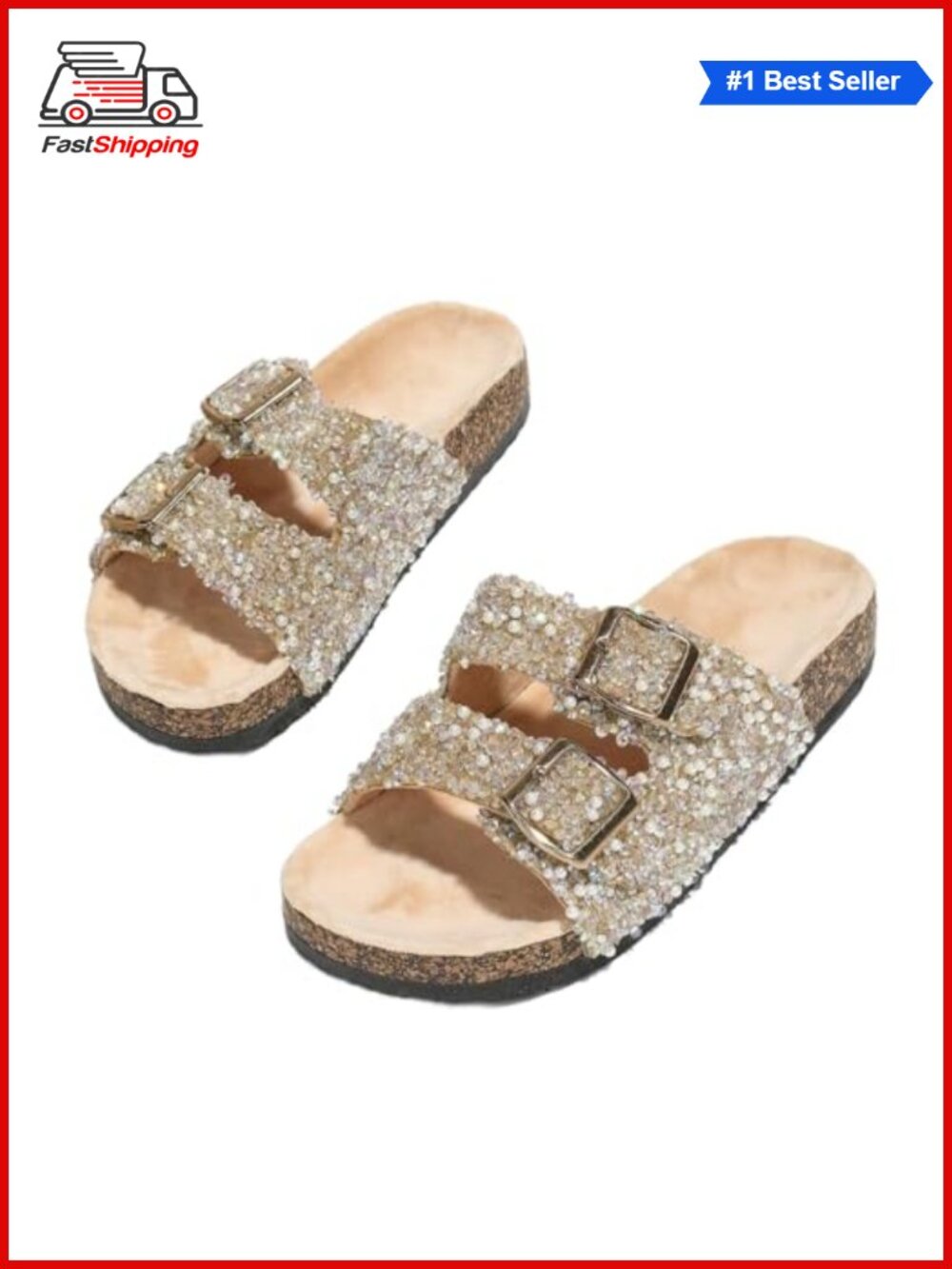 ✨ Sequin Cork Footbed Slide Slippers Flat Bottom Adjustable Buckle